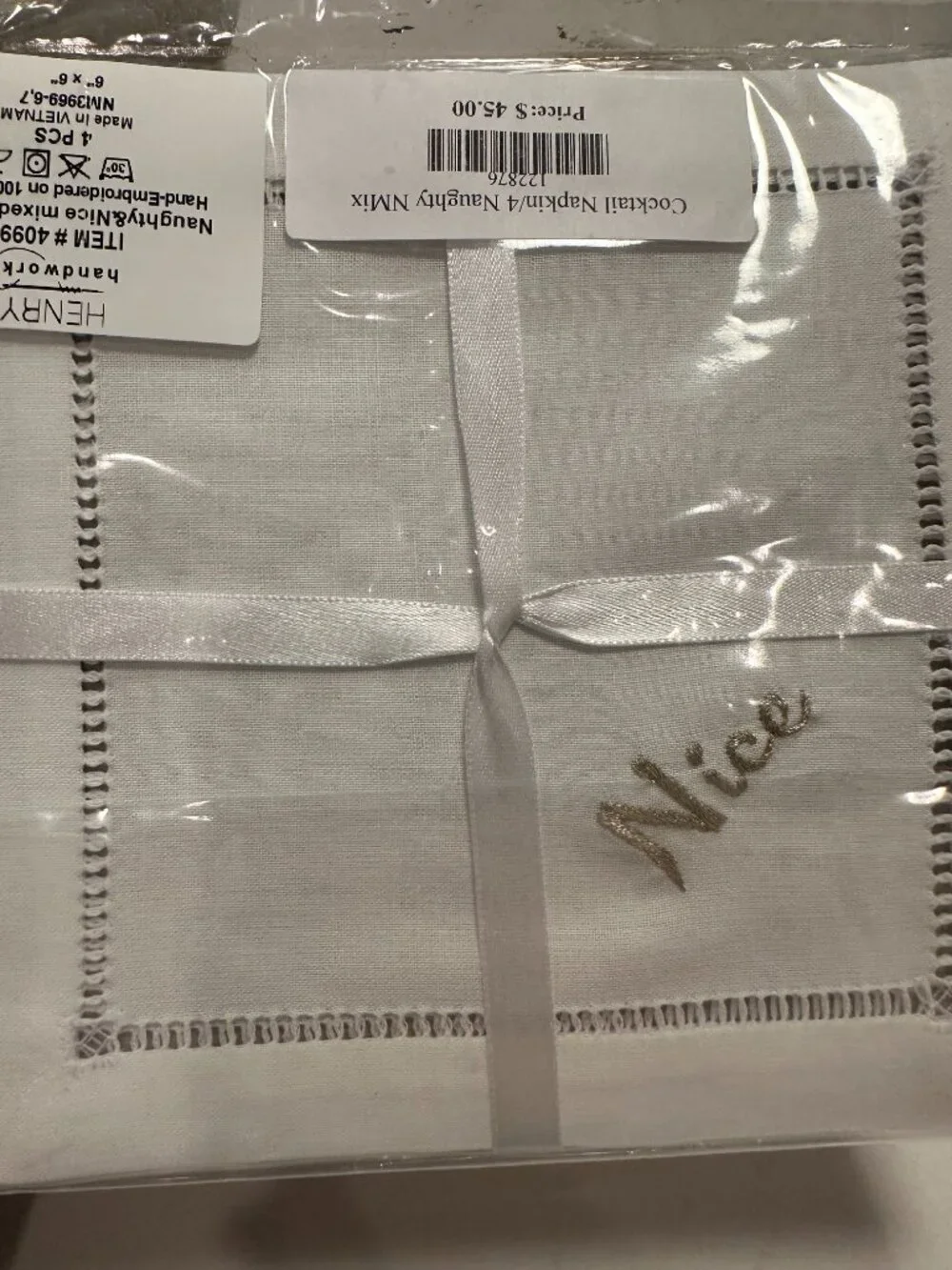 NWT Naughty & Nice Set of Four Linen 100% Cotton Cocktail Napkins Hemstitch 6x6